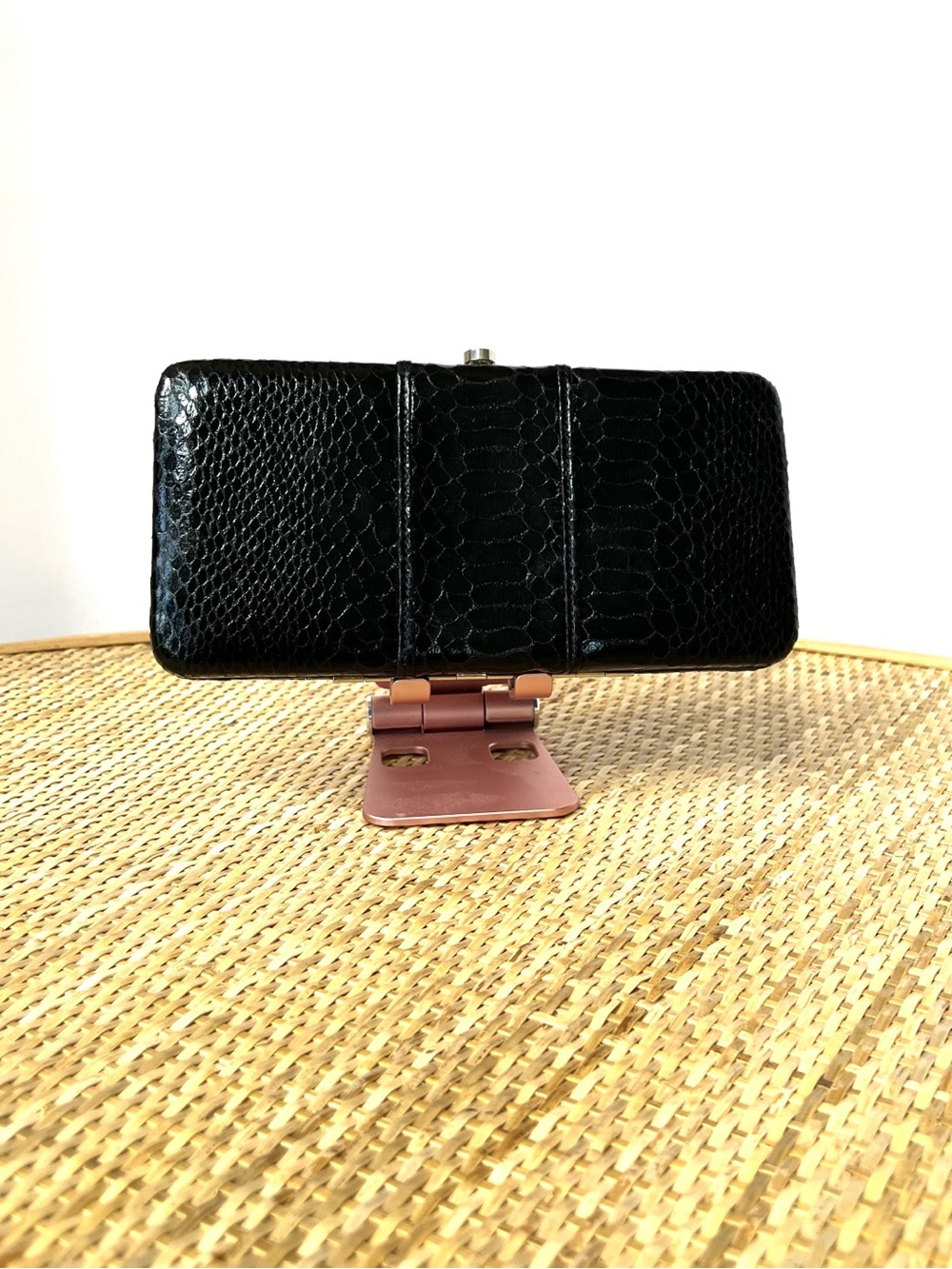 Karl Lagerfeld Vintage 80s 90s Python Emboss Hard Case Frame Black Silver clutch